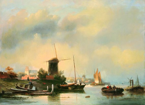 Cornelius Pieter ´t Hoen - Holländisches Städtchen am Wasser mit Windmühle
