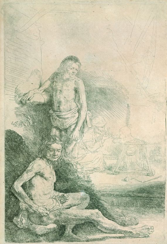Harmensz. van Rijn Rembrandt - Zwei männliche Akte und ein Kleinkind im Laufstall