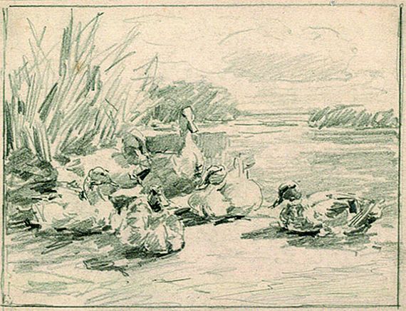 Alexander Koester - Sechs Enten am Ufer mit Wolke