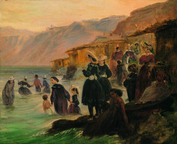 Johann Moritz Rugendas - Badende am Strand von Chorillos bei Miraflores (Lima). - Los baños de Miraflores - Bañistas y cabañas en la playa de Chorillos, Lima