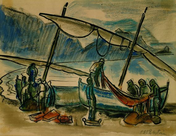 Hermann Max Pechstein - Fischer bei ihren Booten am Strand