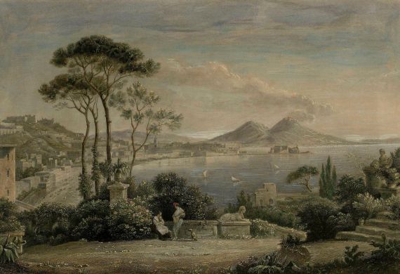 Anonym - Ansicht von Neapel mit rauchendem Vesuv.