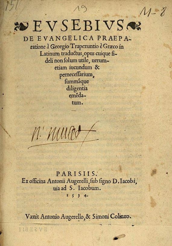 Eusebius Caesariensis - De evangelica praeparatione. 1534.