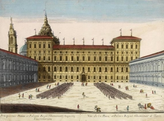  Italien - 2 Bll.: Vue de la Place, et Palais Royal illuminée à Turin. Vue du Chateau ... à Turin.