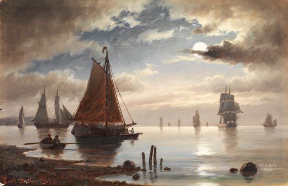 Carl Ludvig Bille - Segelschiffe vor der Küste, Mondstimmung