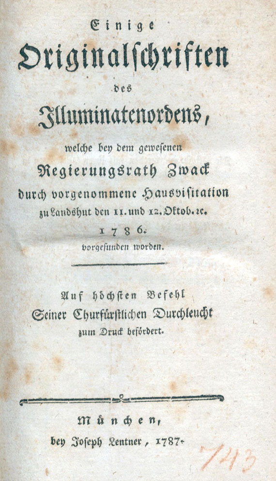  Freimaurer - A. Weishaupt, Einige Originalschriften der Illuminaten.1787. - Dabei: Grosse Absichten des Ordens. 1786.