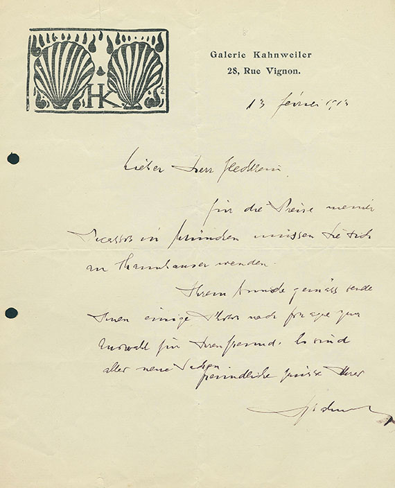 Daniel-Henry Kahnweiler - 3 Autographen. 1913.