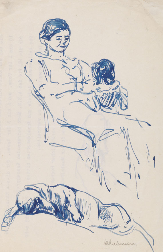 Max Liebermann - Federzeichnung: Junge Frau mit Dackel