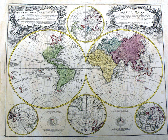 Weltkarte - 1 Bl. Planiglobii terrestris Mappa universalis (Homann Erben).