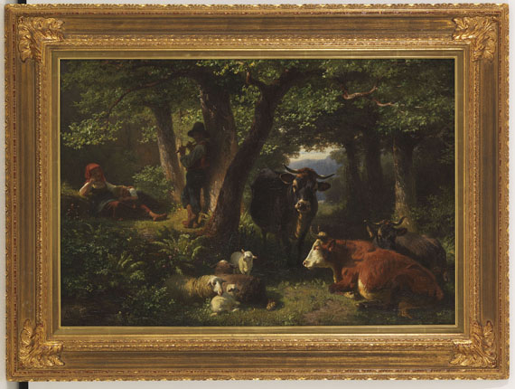 Friedrich Voltz - Hirtenkinder im Wald mit Kühen und Schafen - Frame image