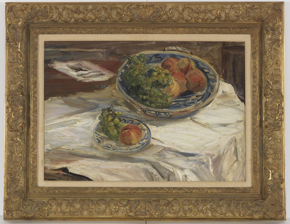 Otto Dill - Stillleben mit Obstschale auf weißem Tuch - Frame image