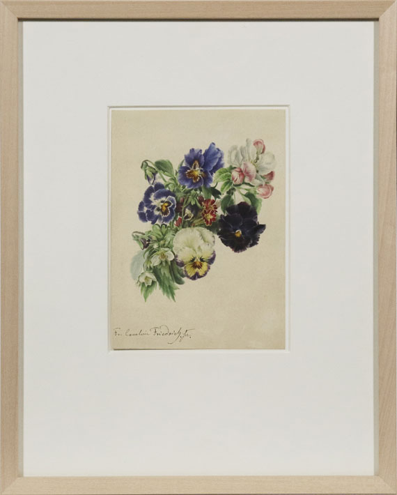 Caroline Therese Friedrich - Kleiner Strauß mit Stiefmütterchen, Apfelblüten und Primeln - Frame image