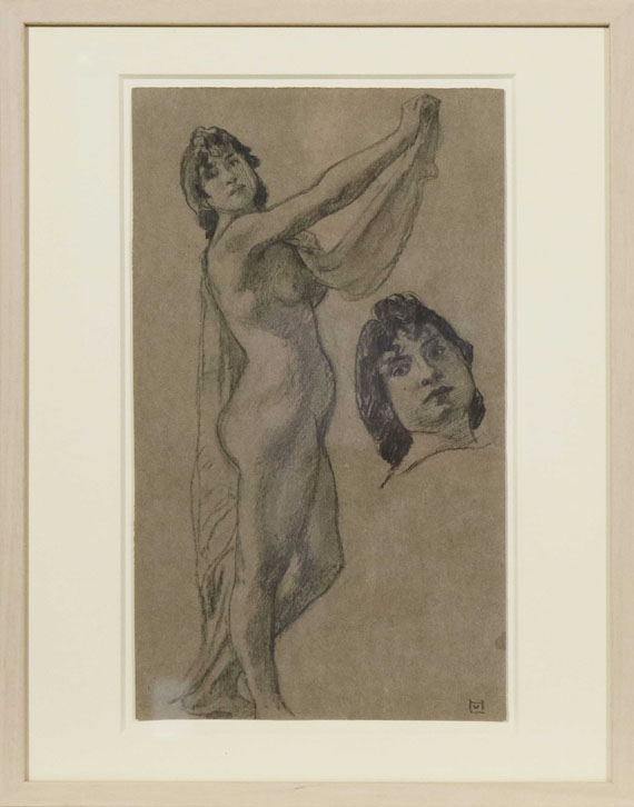Ludwig von Hofmann - Studienblatt mit stehendem weiblichem Akt mit Tuch sowie Kopfstudie - Frame image