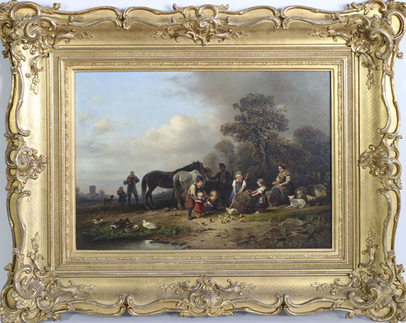 Wilhelm Meyerheim - Ländliches Vergnügen. Bauernfamilie bei einem Korbe mit jungen Hühnchen - Frame image