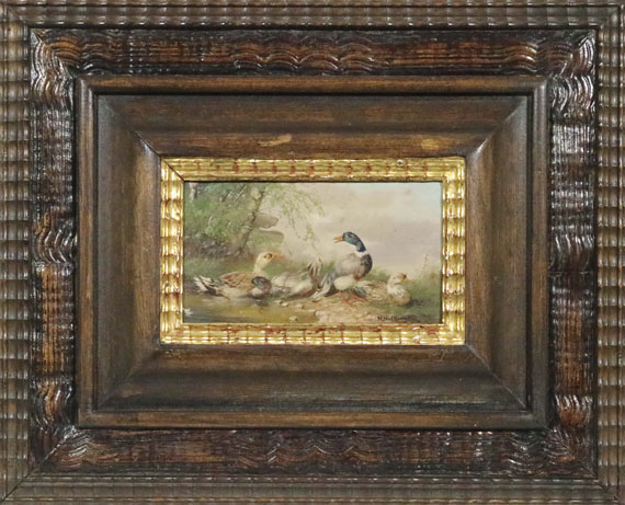 Max (Josef) Hänger - 2 Gemälde: Hühnerhof am Dorfrand. Zwei Entenpaare am Weiher - Frame image