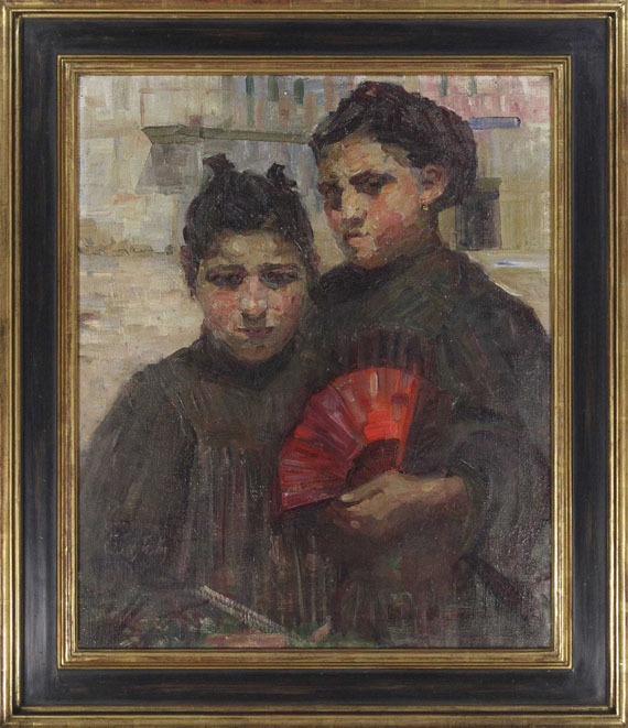Gertraud Rostosky - Porträt zweier Mädchen mit kirschrotem Fächer - Frame image