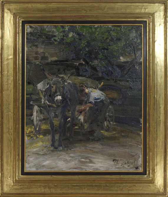 Heinrich von Zügel - Eselfuhrwerk beim Anschirren - Frame image