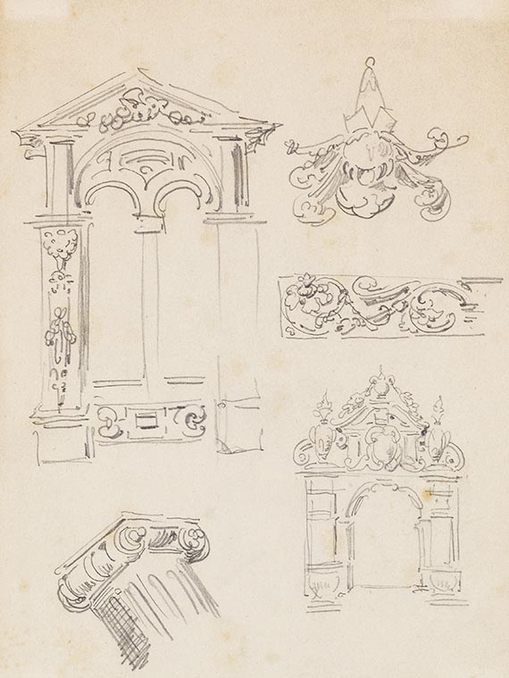Wilhelm Busch - 6 Bll.: Küchenutensilien (Bl. 1a u. b). Säulenkapitelle (Bl. 2). Säulen, Kapitell und Konsole (Bl. 3). Fensterportale und Architekturornamente (Bl. 4). Buchstaben (Bl. 5) - 