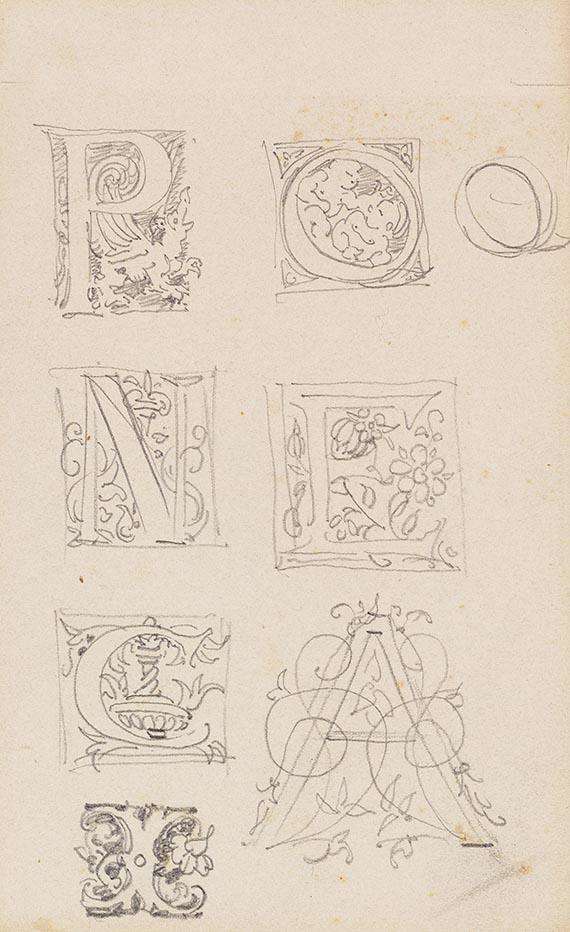Wilhelm Busch - 6 Bll.: Küchenutensilien (Bl. 1a u. b). Säulenkapitelle (Bl. 2). Säulen, Kapitell und Konsole (Bl. 3). Fensterportale und Architekturornamente (Bl. 4). Buchstaben (Bl. 5) - 
