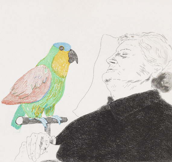 David Hockney - Félicité sleeping with parrot: illustration for "A simple heart" of Gustav Flaubert