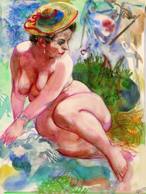 George Grosz - Weiblicher Akt mit Hut in den Dünen
