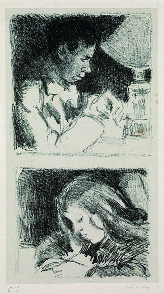 Camille Pissarro - 2 Lithografien auf einem Blatt: Jeune homme écrivant (Portrait de Rodo). Paul-Émile Pissarro