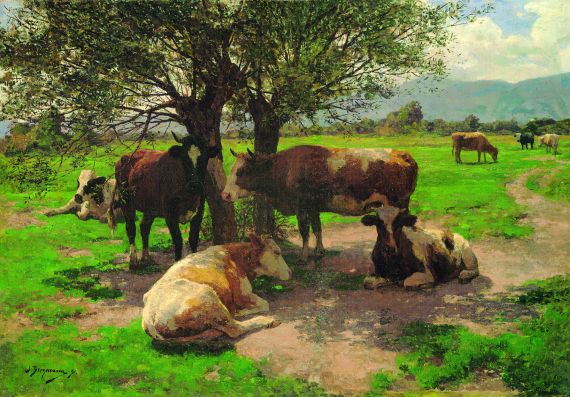 Julius Hugo Bergmann - Sommerliche Weidelandschaft mit rastenden Kühen unter Bäumen