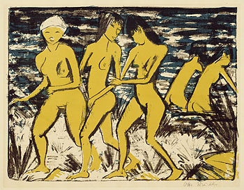 Otto Mueller - Fünf gelbe Akte am Wasser (Fünf Mädchen am Strand, Nordsee, Badende Mädchen)