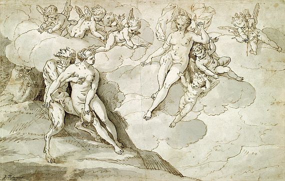 Hans Rottenhammer - Satyr mit Nymphe, denen sich Venus in Wolken nähert