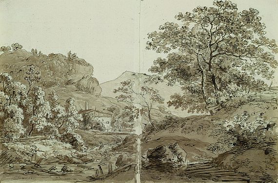 Johann Jakob Dorner d.J. - Bauernhaus im Gebirge (Doppelseite aus einem Skizzenbuch)