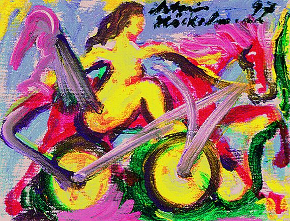 Antonius Höckelmann - 2 Gemälde: Figur mit Fahrrad. Figur mit Pferd