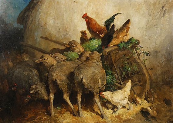 Eugène Cottin - Schafe und Hühner bei einer Schubkarre mit Heu