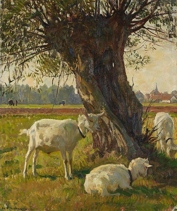 Julius Paul Junghanns - Lagernde und grasende Ziegen unter einer alten Weide