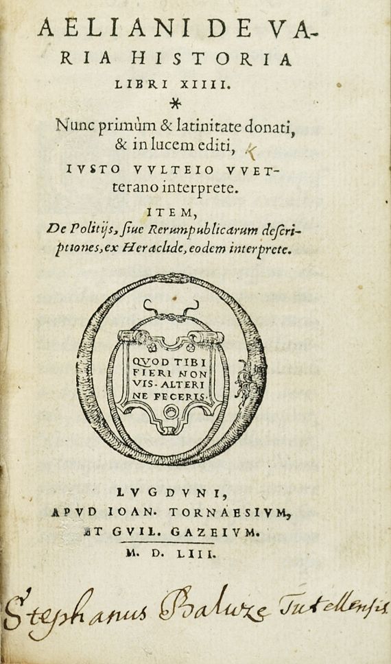 Claudius Aelianus - De varia historia. 1553.