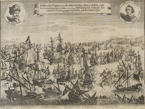 Türkei - Delineatio Pugnae navalis ... Abbildung de Victorise See-Schlacht der Venetianer gegen den Türcken, geschehen in Asien im Haven Fodiae ... 1649.