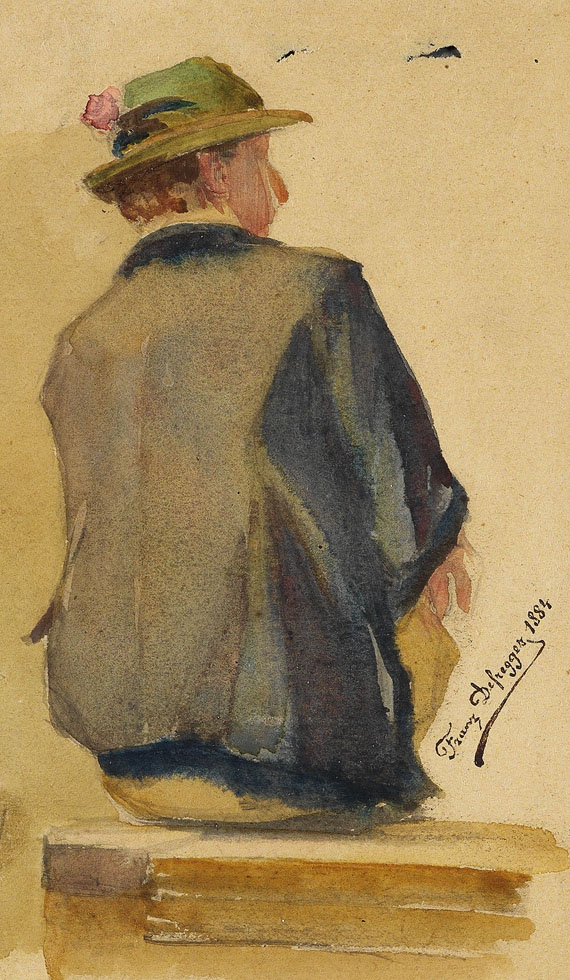 Franz von Defregger - 2 Arbeiten: Wirt mit Zipfelmütze. Rückenansicht eines sitzenden Mannes in Tracht