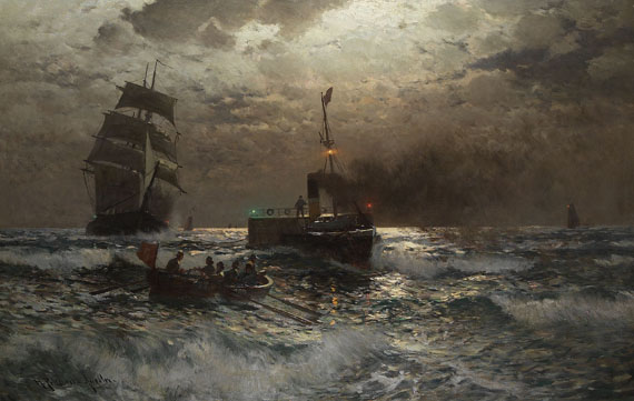 Heinrich Petersen-Angeln - "Marine - Mondschein". Segelschiff und Dampfer vor der Küste