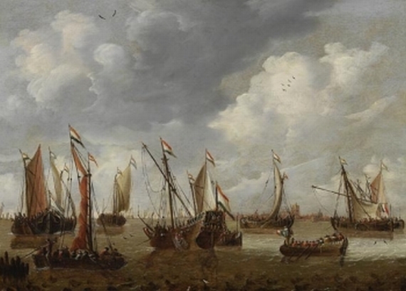 Niederlande - Holländische Segelschiffe vor einer Stadt an der Küste