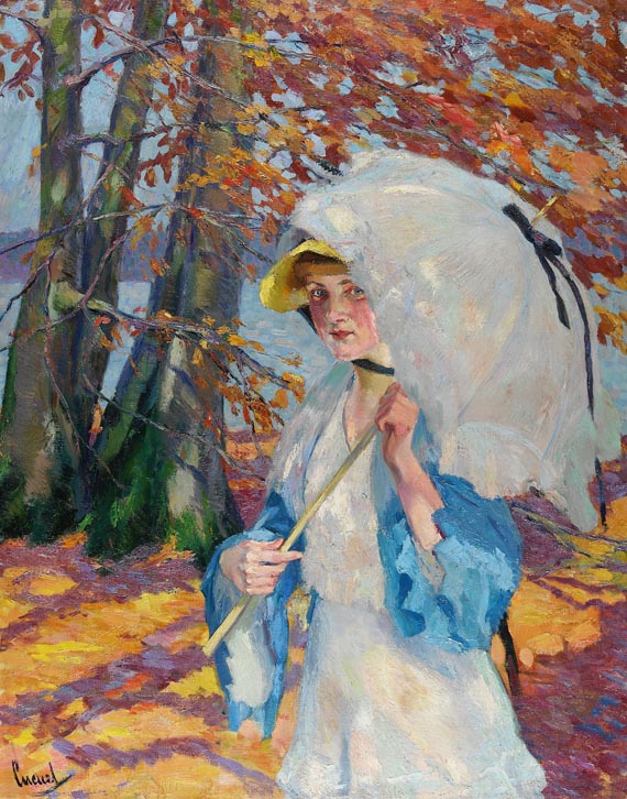 Edward Cucuel - Dame mit Sonnenschirm im Herbstlaub am Ammersee