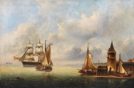 Govert van Emmerick - Segler vor einem Hafen