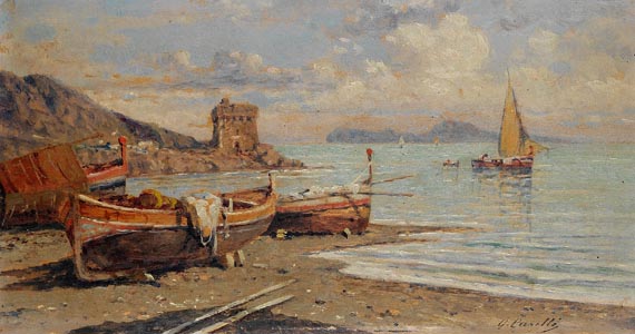 Giuseppe Carelli - 2 Gemälde: Fischer im Golf von Neapel. Fischerboote in einer Bucht