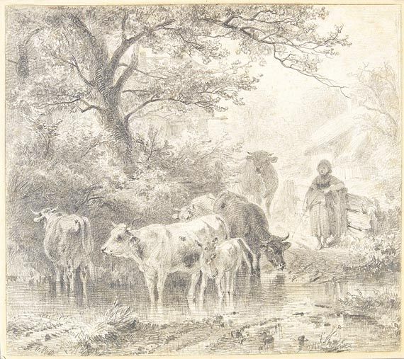 Friedrich Voltz - 3 Blätter: Hirtin mit ihrem Vieh an einem Bachlauf, Kälbchen tränkende Hirtin, Stallinterieur
