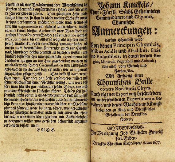 Okkulta - Kunckel, Johannes, Nützliche Observationes. Angeb.: Chymische Anmerckungen. 2 Werke in 1 Bd. 1676-77.