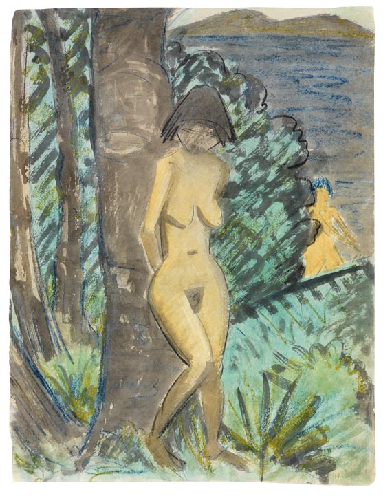 Otto Mueller - Stehender weiblicher Akt, an einen Baum gelehnt, rechts mit Blick auf einen Teich und einer weiteren Badenden