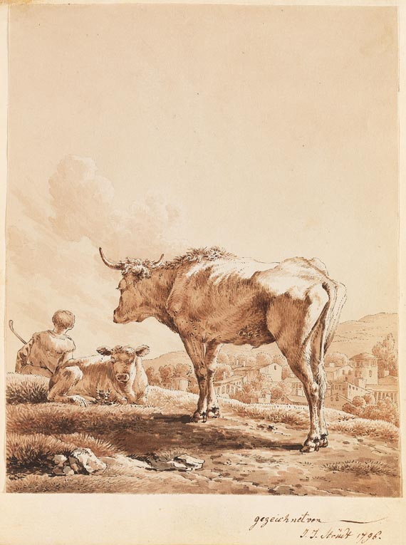Johann Jakob Strüdt - Kühe mit jungem Hirten vor italianisierender Landschaft