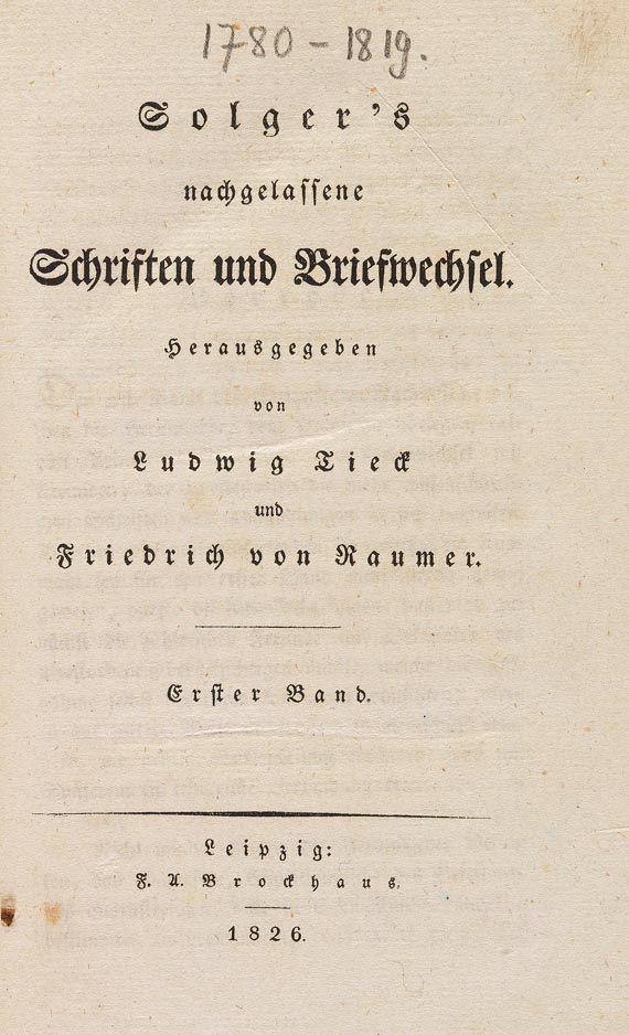Karl Wilhelm Ferdinand Solger - Nachgelassene Schriften 1826, 2 Bde. u. 1 Beigabe