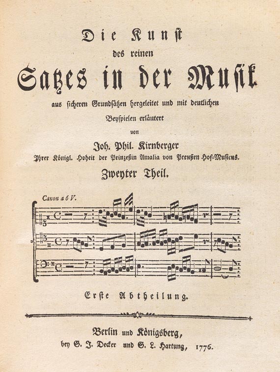  Musik - Kirnberger, Johann Phillip, Die Kunst der Musik 1774, 2 Tle. + Anhang - 