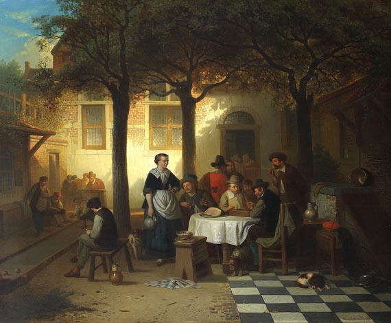 Adrien de Braekeleer - Gasthausszene in einem Innenhof mit Boule- und Tric-Trac-Spielern
