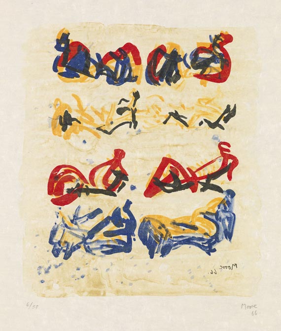 Henry Moore - Acht liegende Figuren in Gelb, Rot und Blau