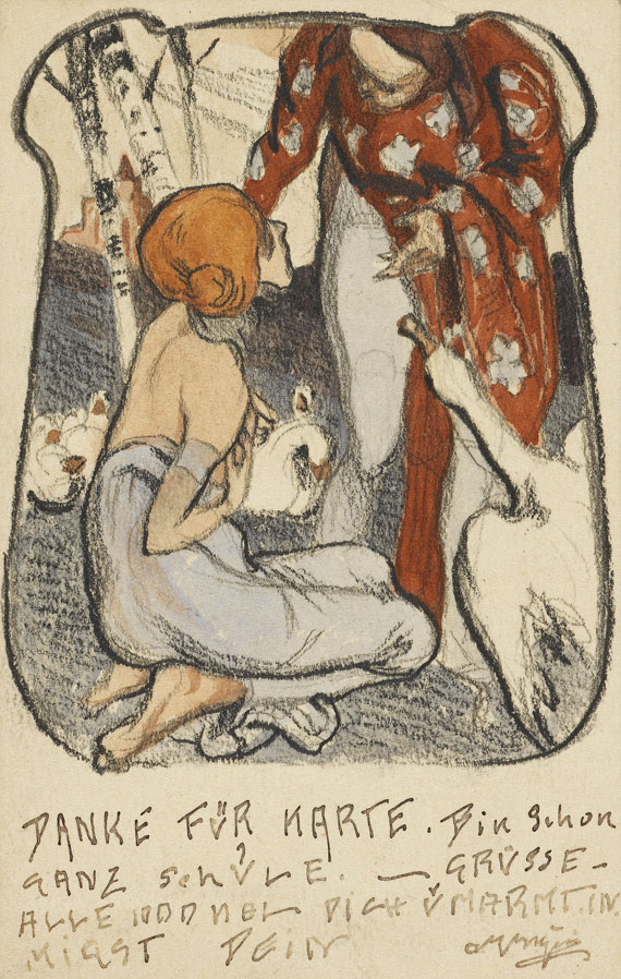 Franz von Bayros - Postkarte m. Zeichnung u. eigh. U. + Beigabe: 2 Exlibiris. Um 1910